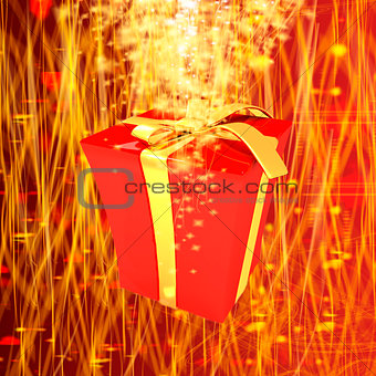 red gift box with golden ribbon on fantastic background