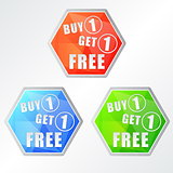 buy one get one free, three colors hexagons labels