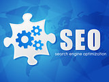SEO with puzzle and world map, search engine optimization, flat 