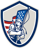 American Soldier Waving Stars Stripes Flag Shield