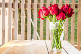 Morning sun shining on red roses vase 