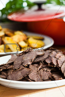 Cooked beef slices on plate