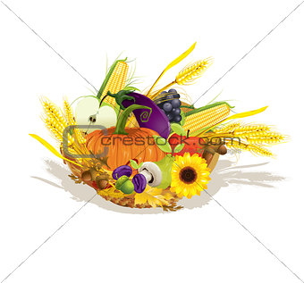 rich harvest of vegetables and fruits, vector illustration 