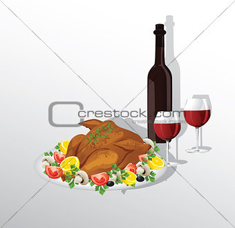Tasty crispy roast turkey or hen and vegetables,and wine