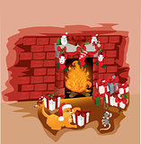 Christmas fireplace with cat and mouse vector illustration backg
