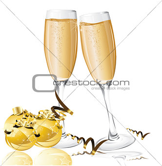 holiday background with New Year's balls and glasses of champagn
