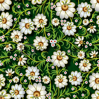 abstract seamless floral ornament with flowers on green backgrou