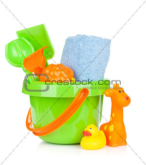 Beach baby toys and towel