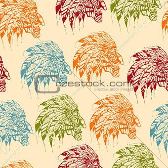 Vector Seamless Pattern with Bright American Indians 
