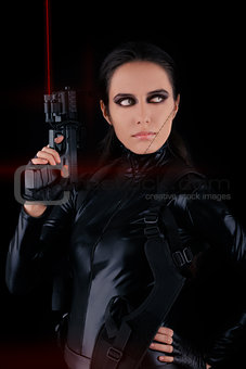 Woman Spy Holding Gun with Laser Sights