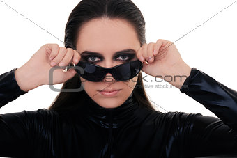 Woman with Sunglasses in Black Leather Suit