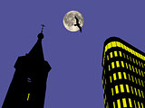 Church and business center at the night background