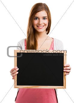 Girl holding  a chalkboard