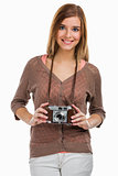 Beautiful woman with a old photography camera
