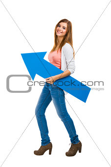 Woman with a blue arrow