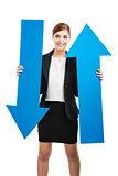 Business woman holding blue arrows