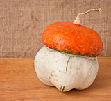decorative pumpkin (Cucurbita pepo) on a wooden table