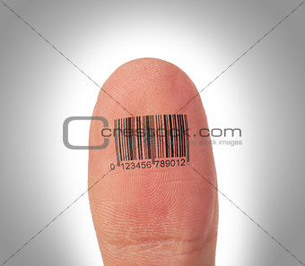 Thumb finger over a white background, barcode