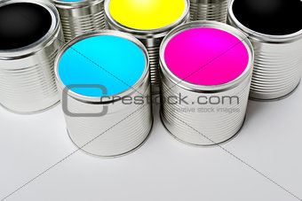 CMYK color paint tin cans opened top view