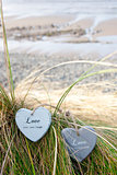 two love hearts on grassy sand dunes