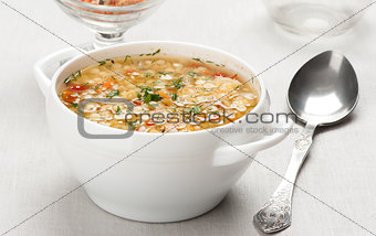 Minestrone. Lentil soup in a bowl on the table