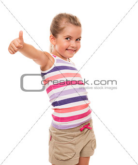 Beautiful little girl standing on white and showing OK sign