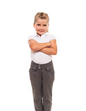 cheerful little girl wearing white t-shirt and pants isolated on