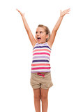 cute little girl standing on white stretching her arms up