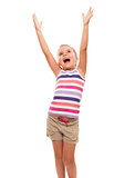 cute little girl standing on white stretching her arms up