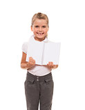 joyful little girl standing on white with open notebook