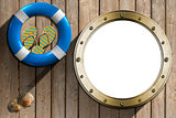 Lifebuoy and Metal Porthole on wooden wall