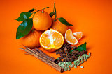 Mandarins with cinnamon, star anise and cardamom orange background