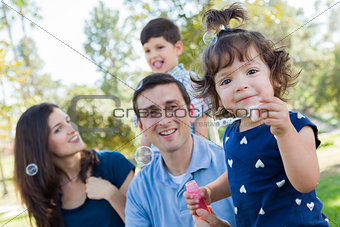 Cute Young Baby Girl Blowing Bubbles with Family in Park