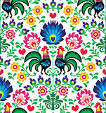 Seamless traditional floral Polish pattern with roosters - Wzory Łowickie