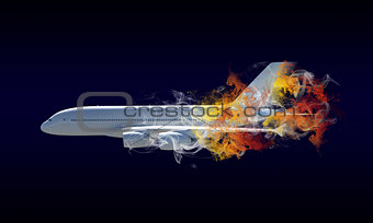 Passenger airplane in the colored smoke