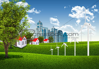 Blue sky, green grass and town