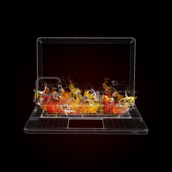 Wire frame laptop in the colored smoke