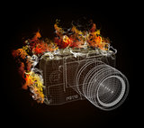 Wire frame SLR camera in the colored smoke