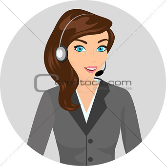 Female call centre operator with headset and smiling
