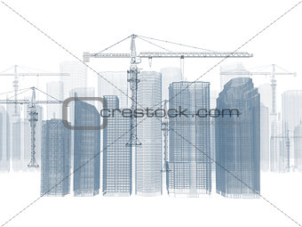 Wire frame tower crane and skyscrapers
