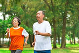 happy senior couple running together in the park