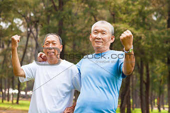 happy senior brothers enjoy retire time in the park