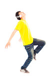 happy man dancing while listening music 