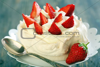 Dessert with strawberries closeup.