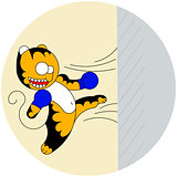 Vector cartoon cute young tiger of martial arts beats a wall