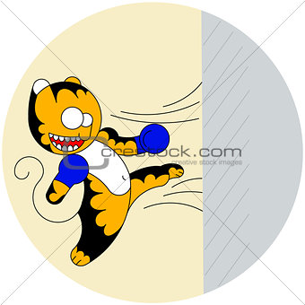 Vector cartoon cute young tiger of martial arts beats a wall