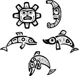 Native shoshone tribal drawings. Fish, sun, moon