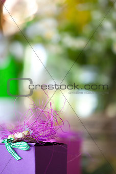 Purple gift box close-up with blurred abstract background 