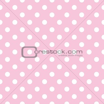 Seamless vector pattern with white polka dots on a pastel pink tile background.