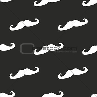 Seamless vector dark pattern, tile background or texture with white curly vintage retro gentleman mustaches on black background.
